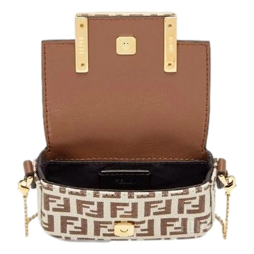 Fendi FF Canvas Nano Baguette Charm Crossbody Bag Brown White Gold Hardware Brown Leather Never worn - Model View