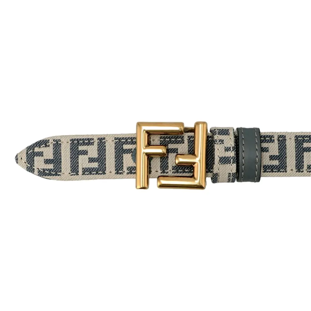 Fendi FF Denim Reversible Belt Blue White Canvas Leather Gold Buckle 90 Blue Leather Never worn - Back View