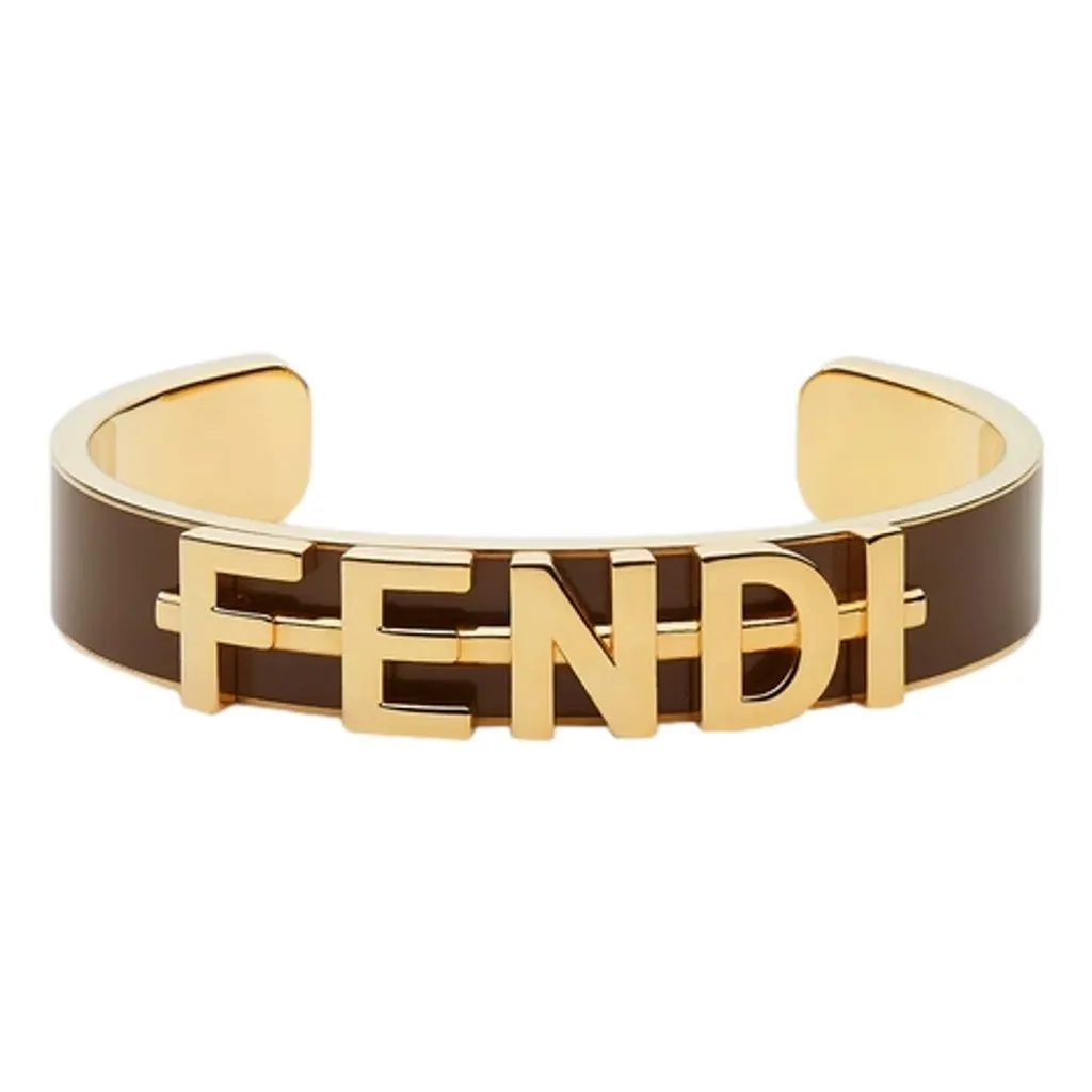 Fendi Fendigraphy Gold Tone Metal Brown Enamel Cuff Bracelet Yellow Never worn - Front View