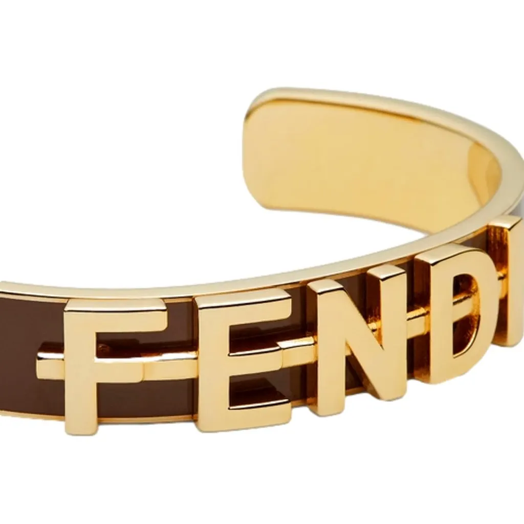 Fendi Fendigraphy Gold Tone Metal Brown Enamel Cuff Bracelet Yellow Never worn - Back View