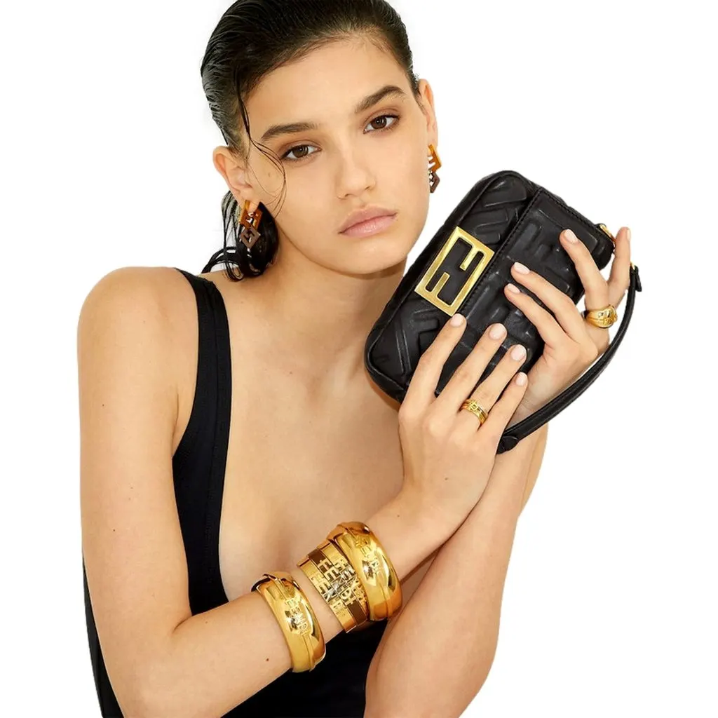 Fendi Fendigraphy Gold Tone Wide Logo Bangle Bracelet Gold Never worn - Model View
