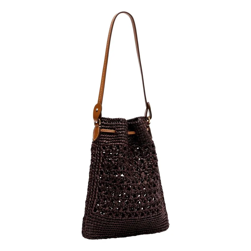 Miu Miu Woven Raffia Mini Bucket Bag in Chocolate Brown Brown Leather Never worn - Back View