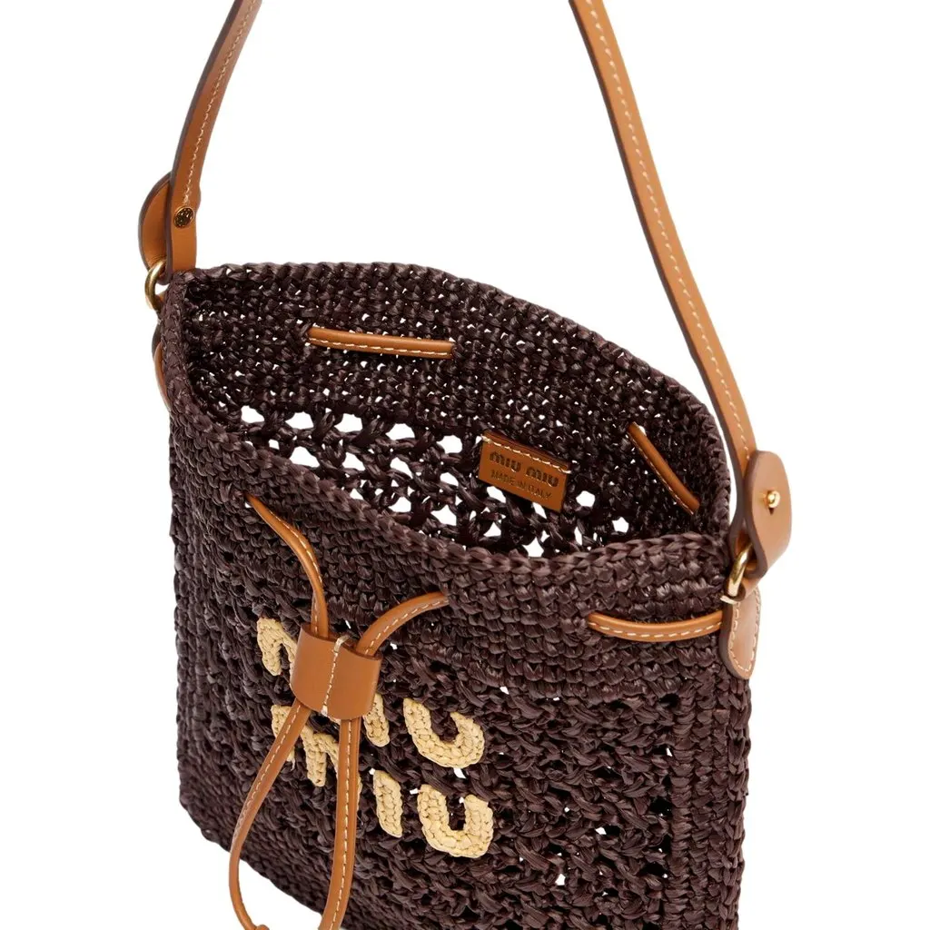 Miu Miu Woven Raffia Mini Bucket Bag in Chocolate Brown Brown Leather Never worn - Inside View