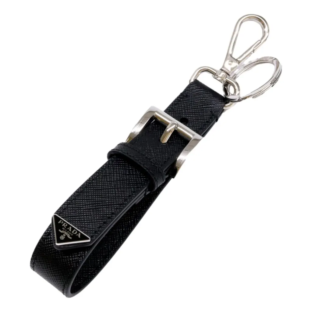 Prada Saffiano Leather Belt Strap Keychain Bag Charm in Black Nero Black Leather Never worn - Front View