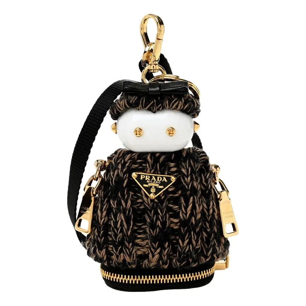 Prada Knitted Robot Keychain Bag Charm in Black and Camel with Lambskin Bow Black Leather Never worn - Front View