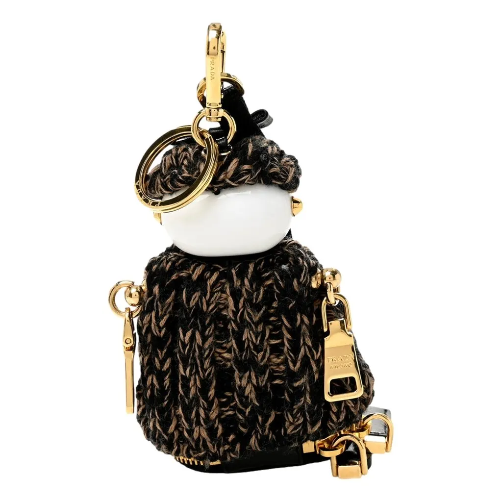 Prada Knitted Robot Keychain Bag Charm in Black and Camel with Lambskin Bow Black Leather Never worn - Back View