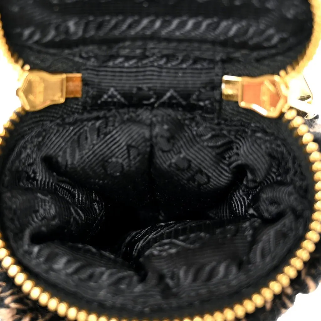 Prada Knitted Robot Keychain Bag Charm in Black and Camel with Lambskin Bow Black Leather Never worn - Model View