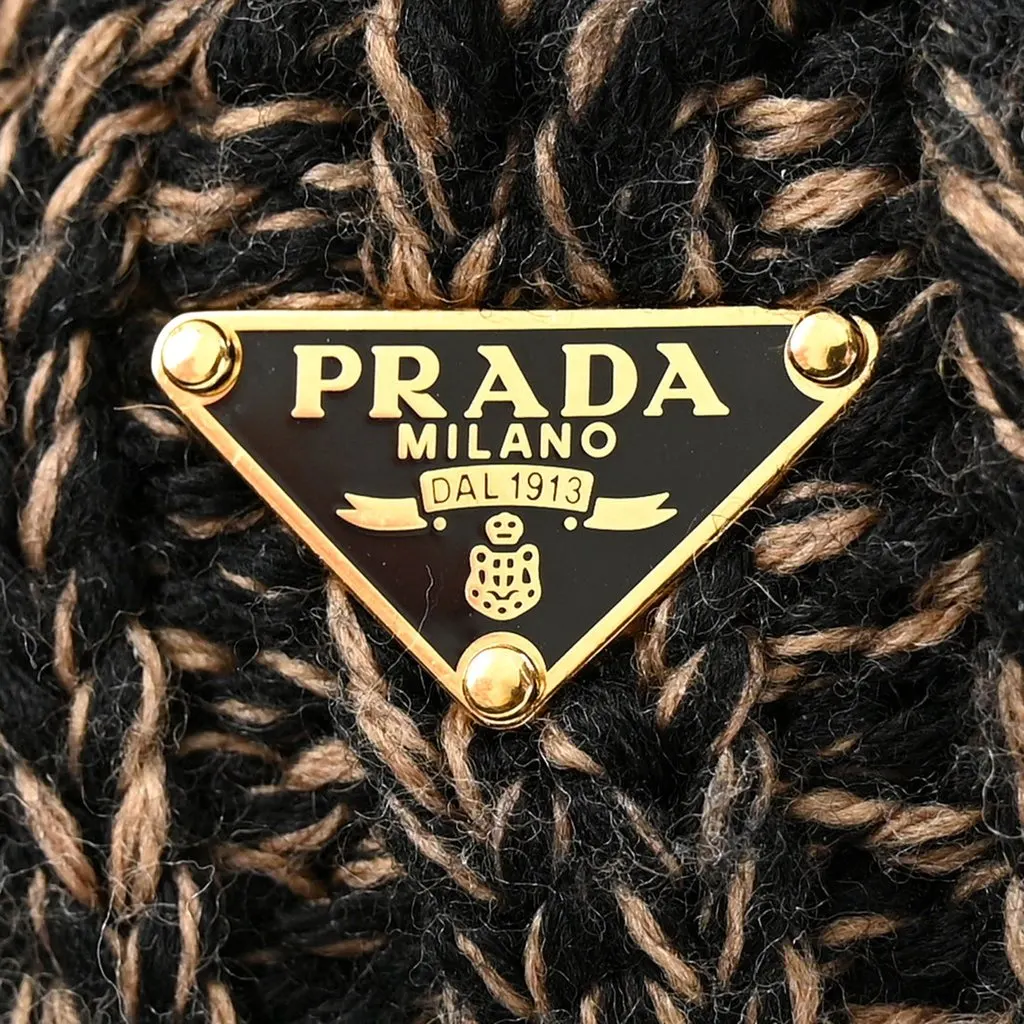 Prada Knitted Robot Keychain Bag Charm in Black and Camel with Lambskin Bow Black Leather Never worn - Box View
