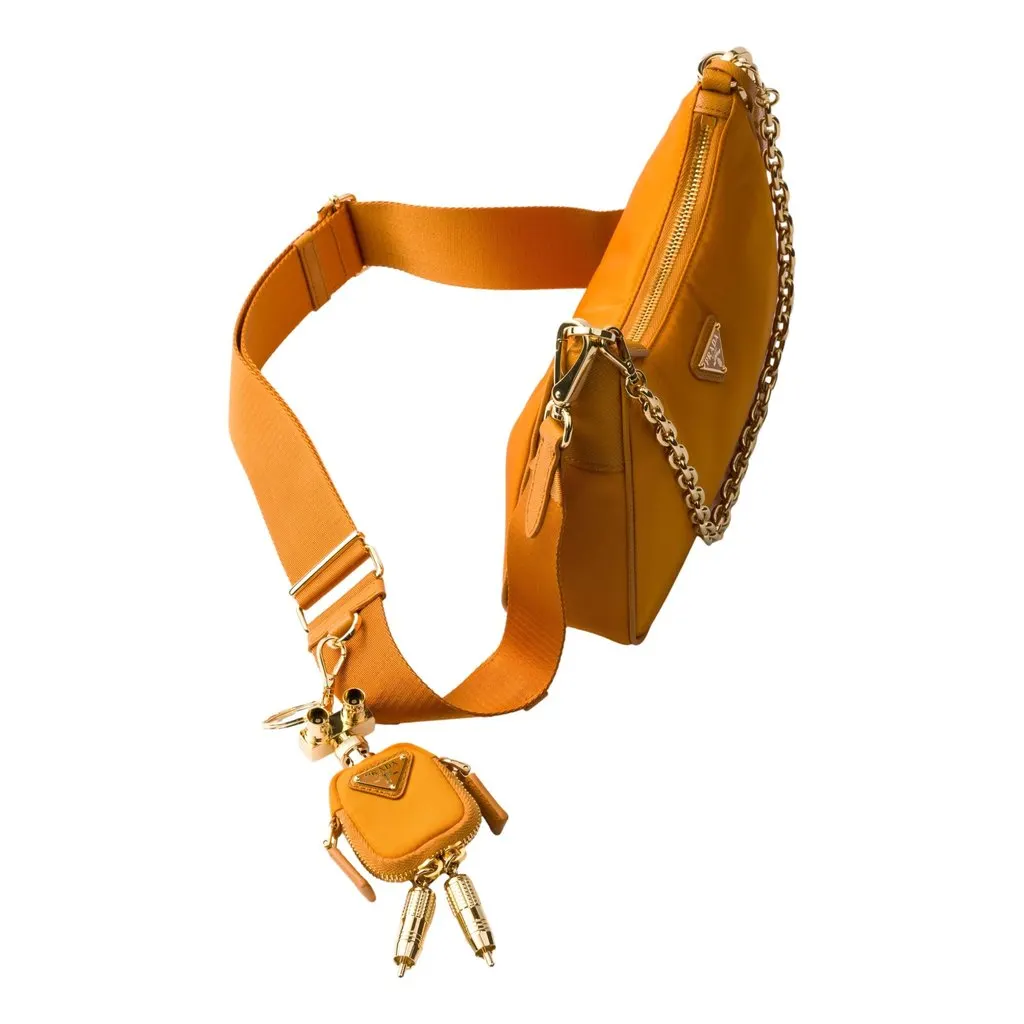 Prada Re-Edition 2005 Orange Re-Nylon and Saffiano Leather Shoulder Bag with Robot Charm Strap Orange Never worn - Back View