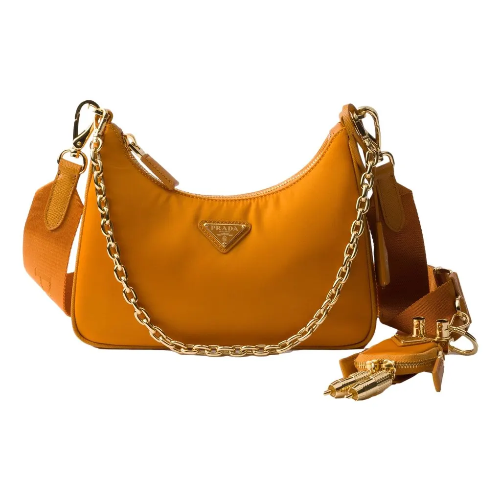 Prada Re-Edition 2005 Orange Re-Nylon and Saffiano Leather Shoulder Bag with Robot Charm Strap Orange Never worn - Box View
