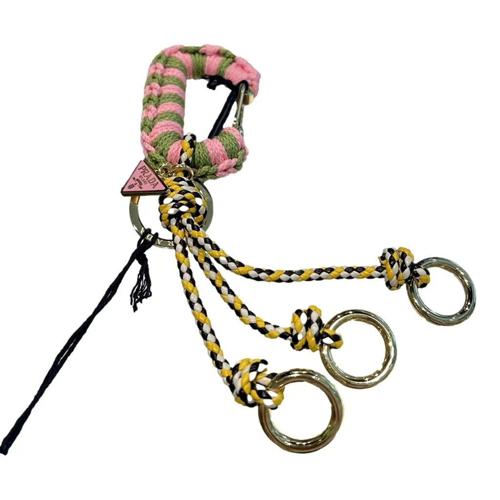 Prada Pink and Green Striped Crochet Carabiner Keychain with Braided Yellow Leather Cords MultiColor Leather Never worn - Front View