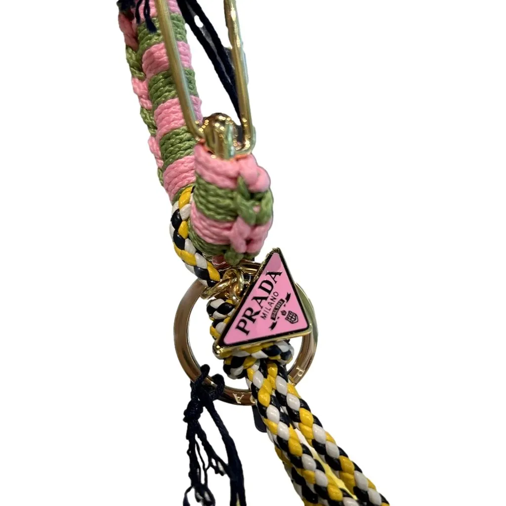 Prada Pink and Green Striped Crochet Carabiner Keychain with Braided Yellow Leather Cords MultiColor Leather Never worn - Back View