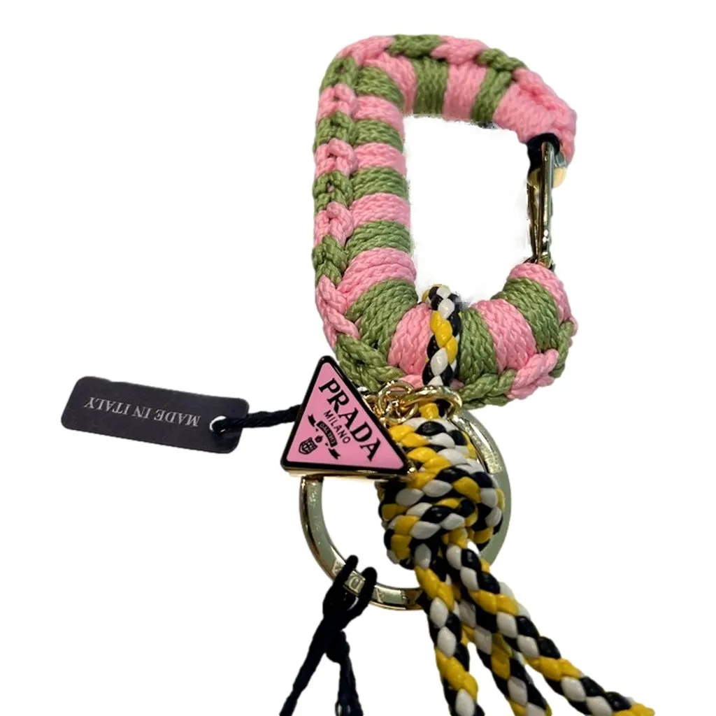 Prada Pink and Green Striped Crochet Carabiner Keychain with Braided Yellow Leather Cords MultiColor Leather Never worn - Inside View