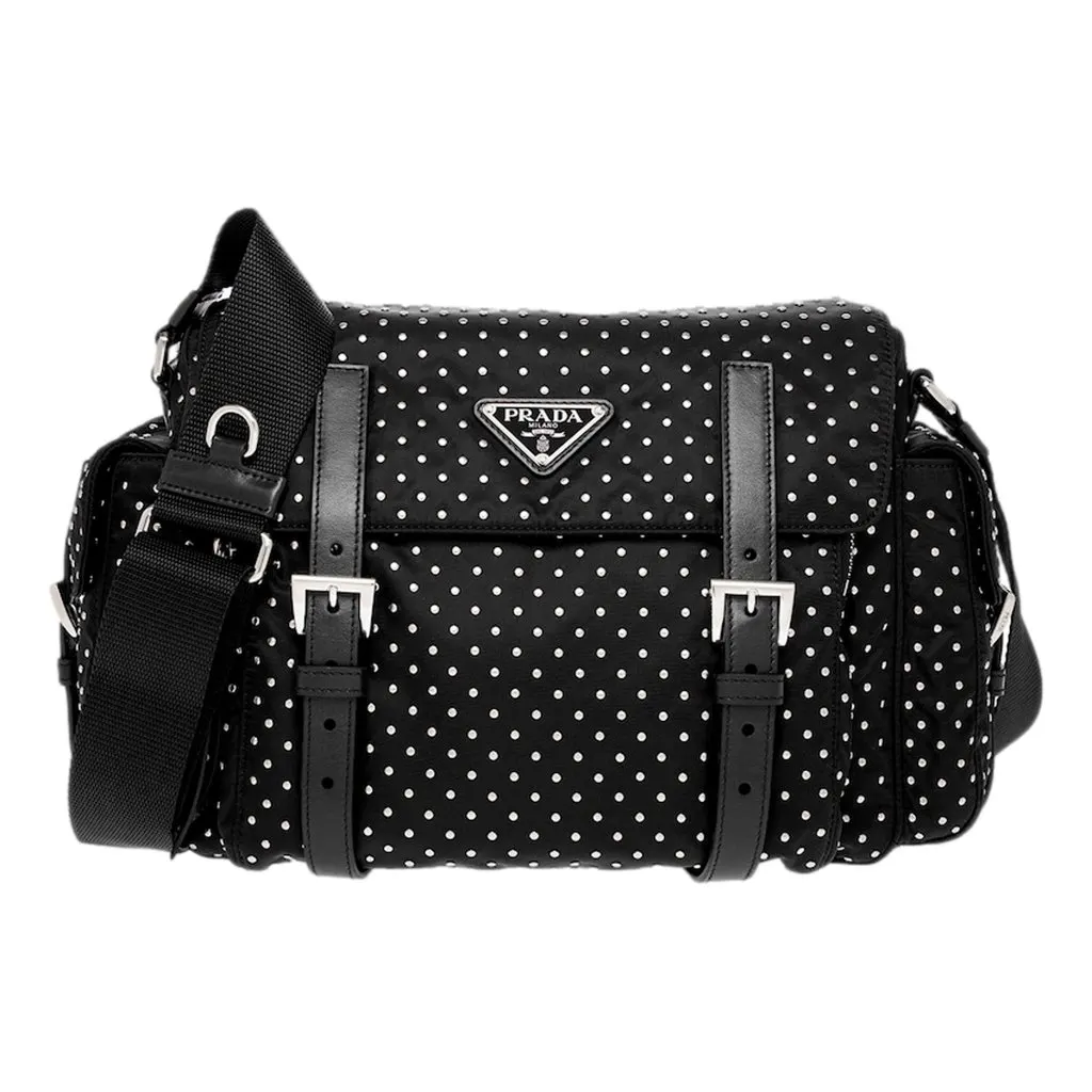 Prada Black Studded Re-Nylon Shoulder Bag with Silver Studs