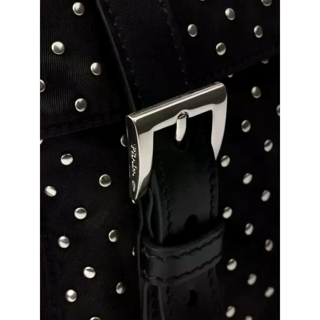 Prada Black Studded Re-Nylon Shoulder Bag with Silver Studs Black Polyamide Never worn - Model View