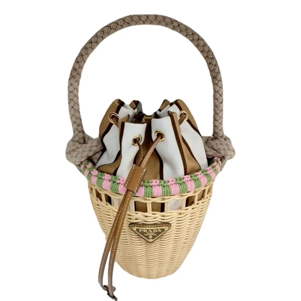Prada Beige Wicker Mini Bucket Bag with Pink and Green Rope Trim and Tan Leather Beige Leather Never worn - Front View