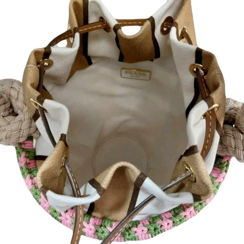 Prada Beige Wicker Mini Bucket Bag with Pink and Green Rope Trim and Tan Leather Beige Leather Never worn - Back View
