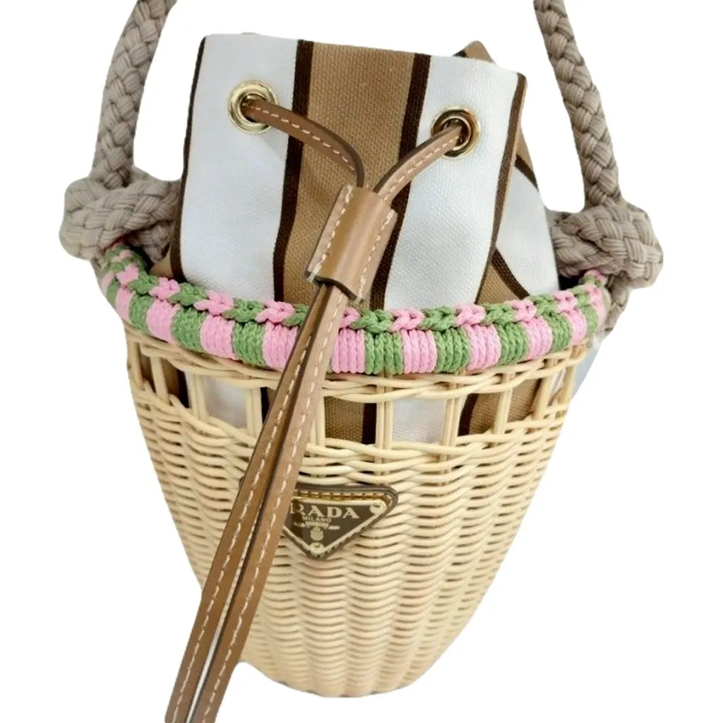 Prada Beige Wicker Mini Bucket Bag with Pink and Green Rope Trim and Tan Leather Beige Leather Never worn - Inside View