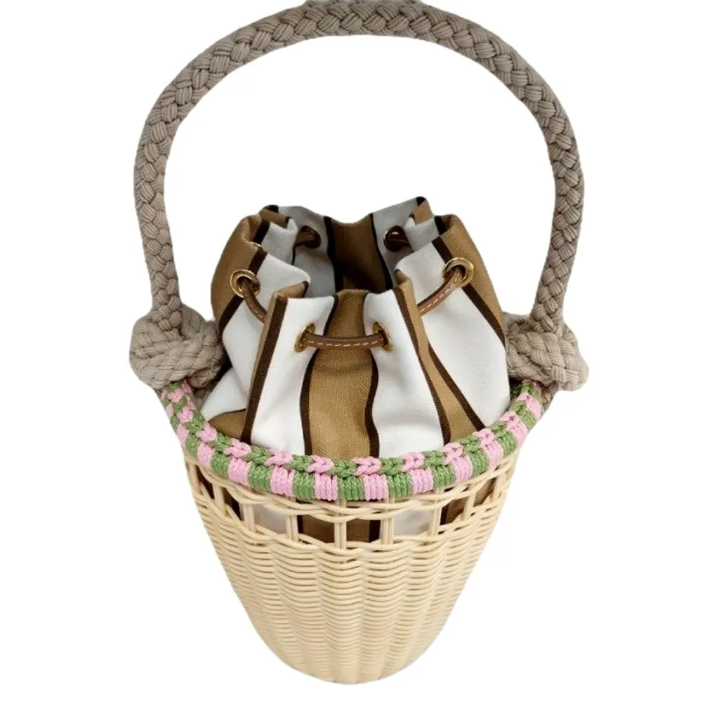 Prada Beige Wicker Mini Bucket Bag with Pink and Green Rope Trim and Tan Leather Beige Leather Never worn - Model View