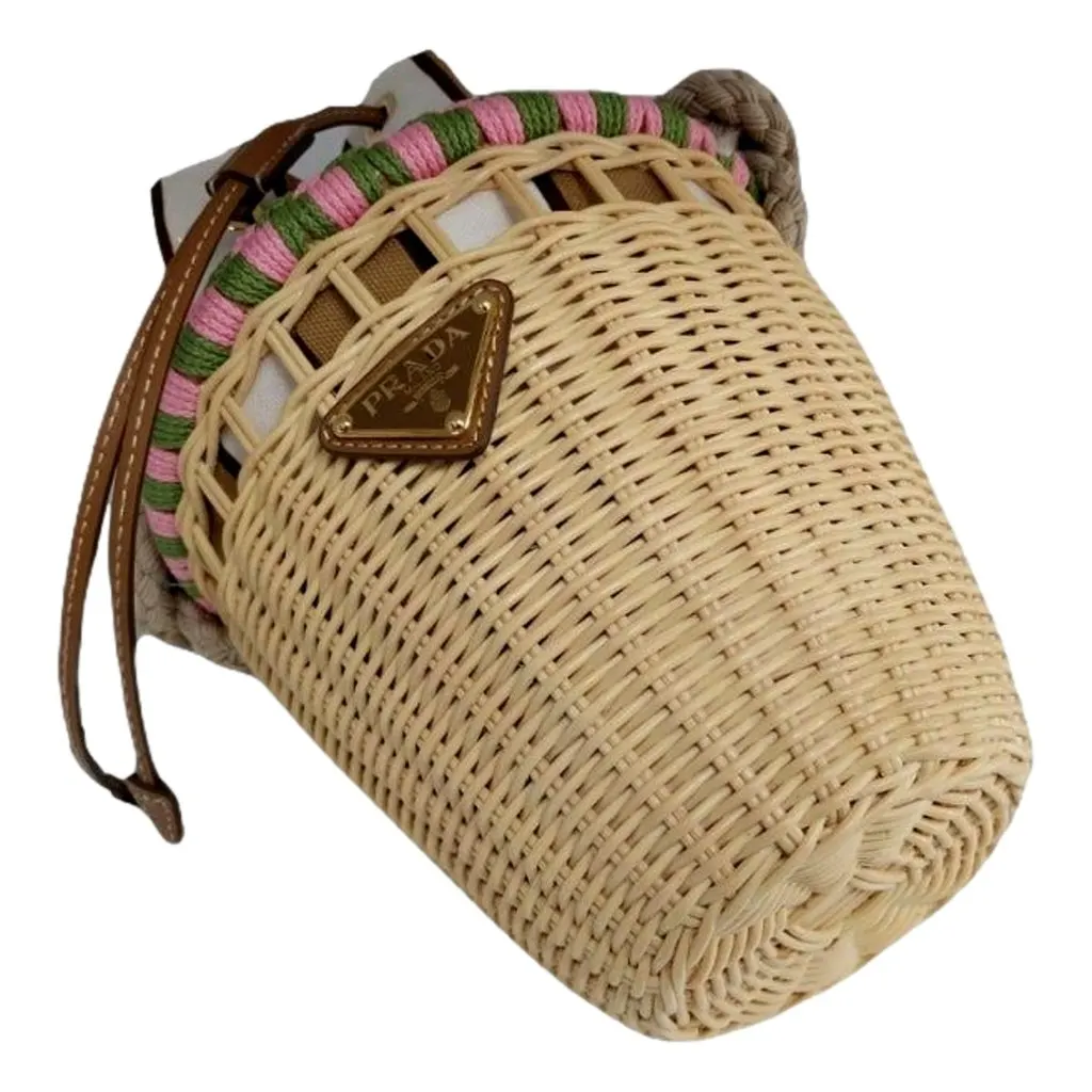 Prada Beige Wicker Mini Bucket Bag with Pink and Green Rope Trim and Tan Leather Beige Leather Never worn - Box View