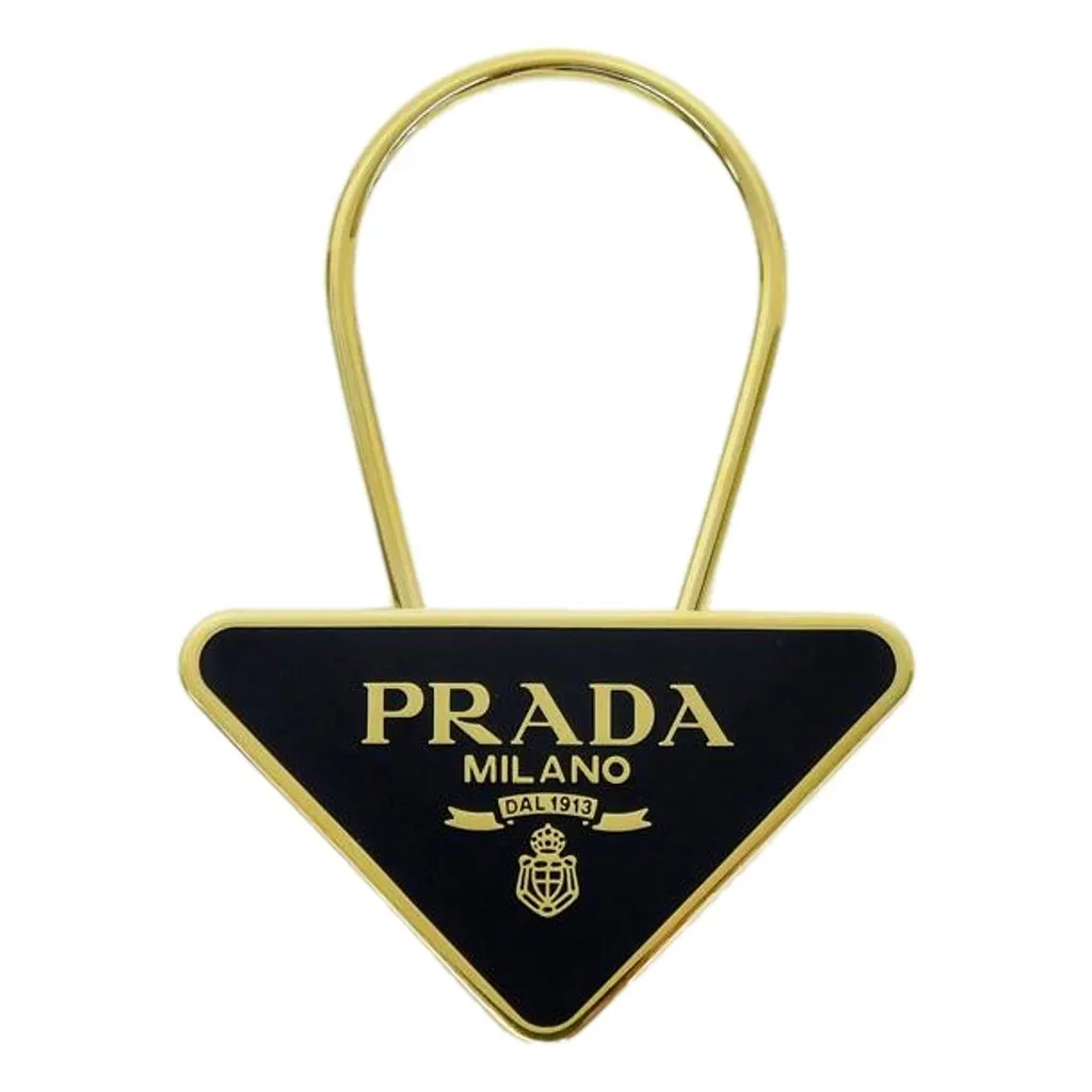 Prada Enameled Metal Logo Pin Key Ring Black and Gold Purse Charm Black Never worn - Front View