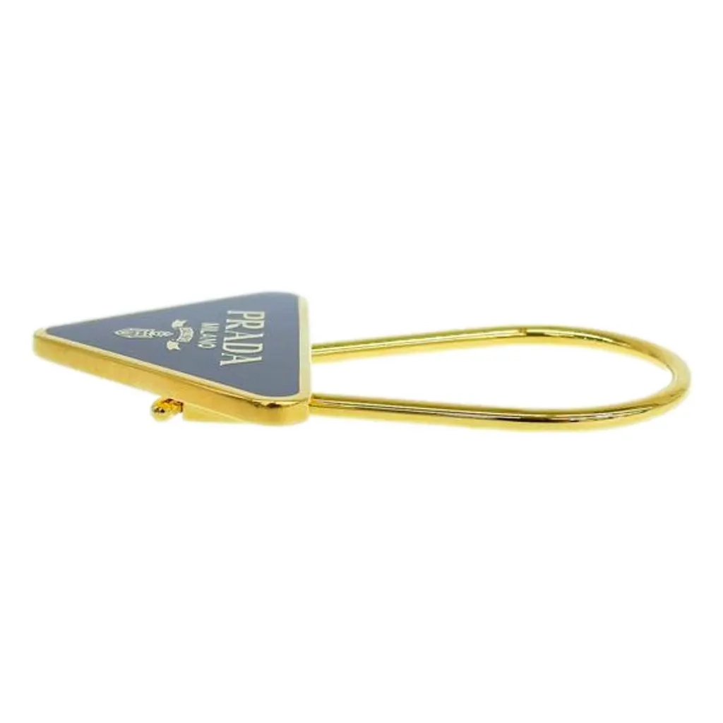 Prada Enameled Metal Logo Pin Key Ring Black and Gold Purse Charm Black Never worn - Model View