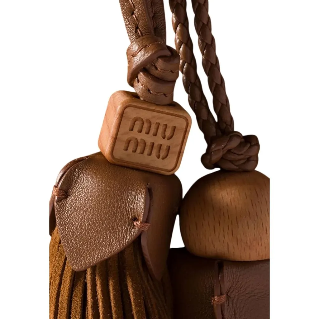 Miu Miu Mini Suede Handbag Leather Tassel Charm Warm Brown Brown Suede Never worn - Model View