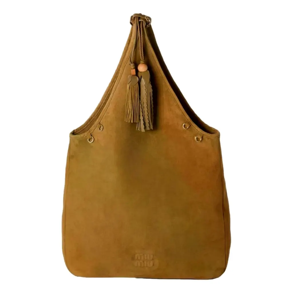 Miu Miu Suede Leather Tassel Tote Handbag Light Brown
