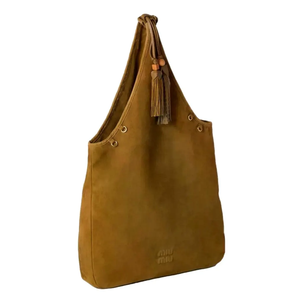 Miu Miu Suede Leather Tassel Tote Handbag Light Brown Brown Suede Never worn - Back View