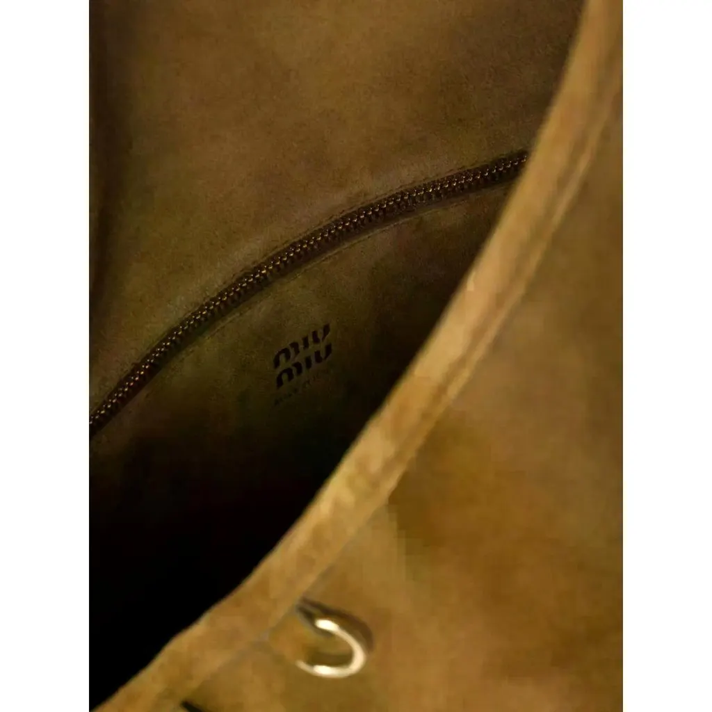 Miu Miu Suede Leather Tassel Tote Handbag Light Brown Brown Suede Never worn - Model View