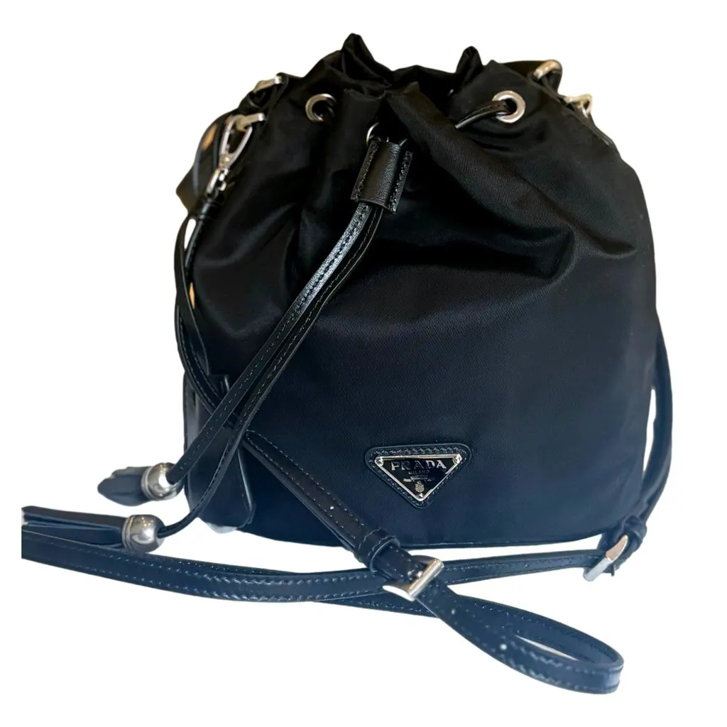 Prada Re-Nylon Black Tassel Drawstring Bucket Bag Black Polyamide Never worn - Front View