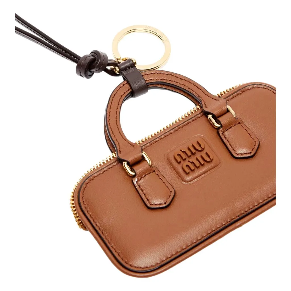Miu Miu Arcadie Miniature Leather Bag Charm Brown Gold Hardware Zip Closure Brown Leather Never worn - Inside View