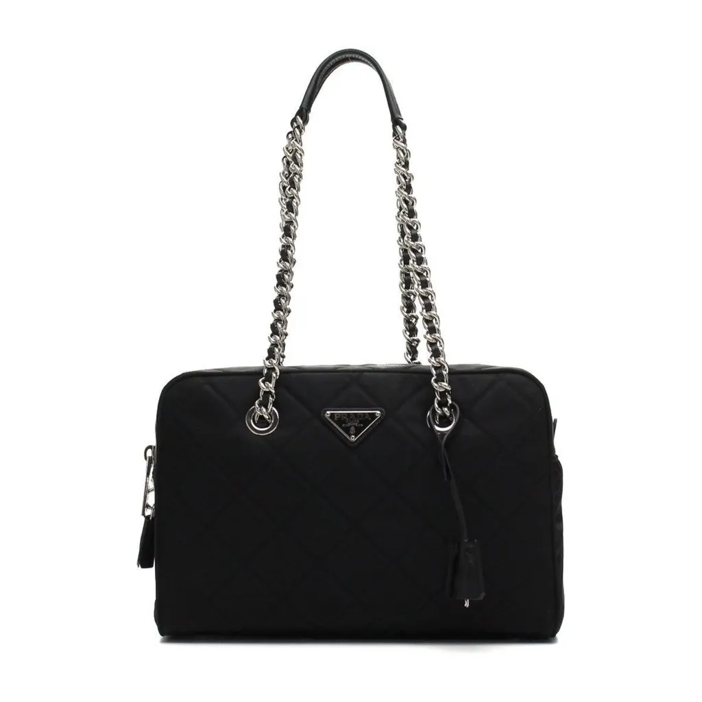 Prada Black Quilted Tessuto Nylon Shoulder Bag Chain Handles Lock and Key Black Leather Never worn - Front View