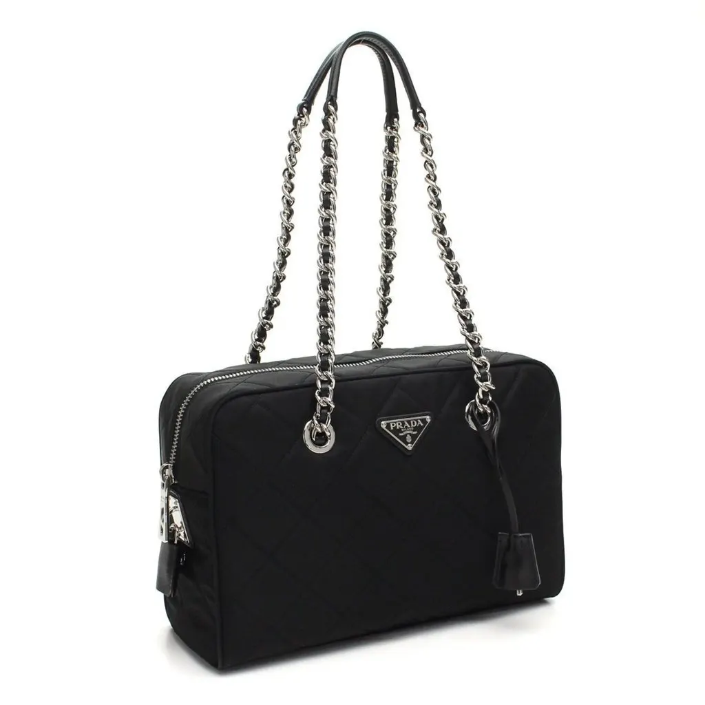 Prada Black Quilted Tessuto Nylon Shoulder Bag Chain Handles Lock and Key Black Leather Never worn - Back View