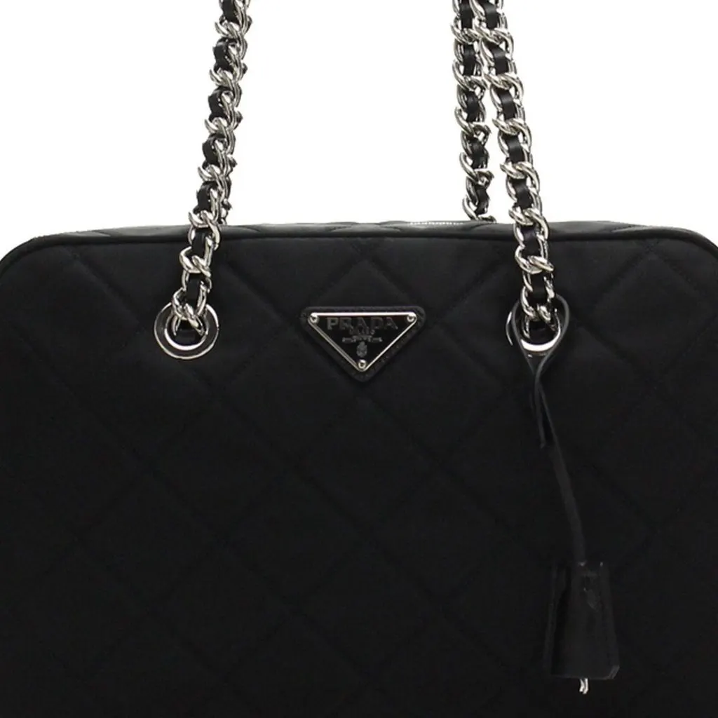 Prada Black Quilted Tessuto Nylon Shoulder Bag Chain Handles Lock and Key Black Leather Never worn - Inside View