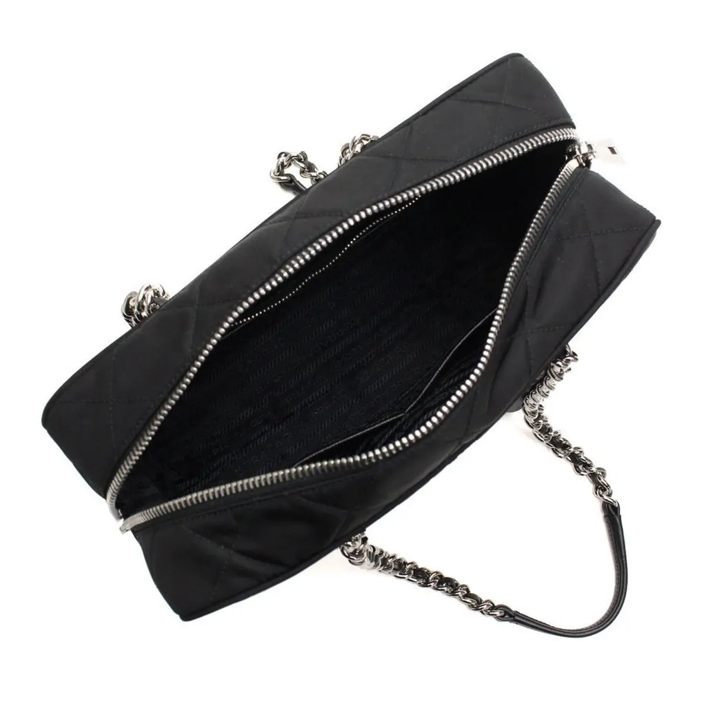 Prada Black Quilted Tessuto Nylon Shoulder Bag Chain Handles Lock and Key Black Leather Never worn - Model View