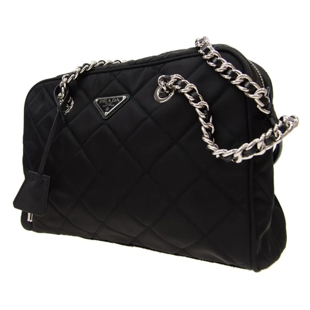 Prada Black Quilted Tessuto Nylon Shoulder Bag Chain Handles Lock and Key Black Leather Never worn - Box View