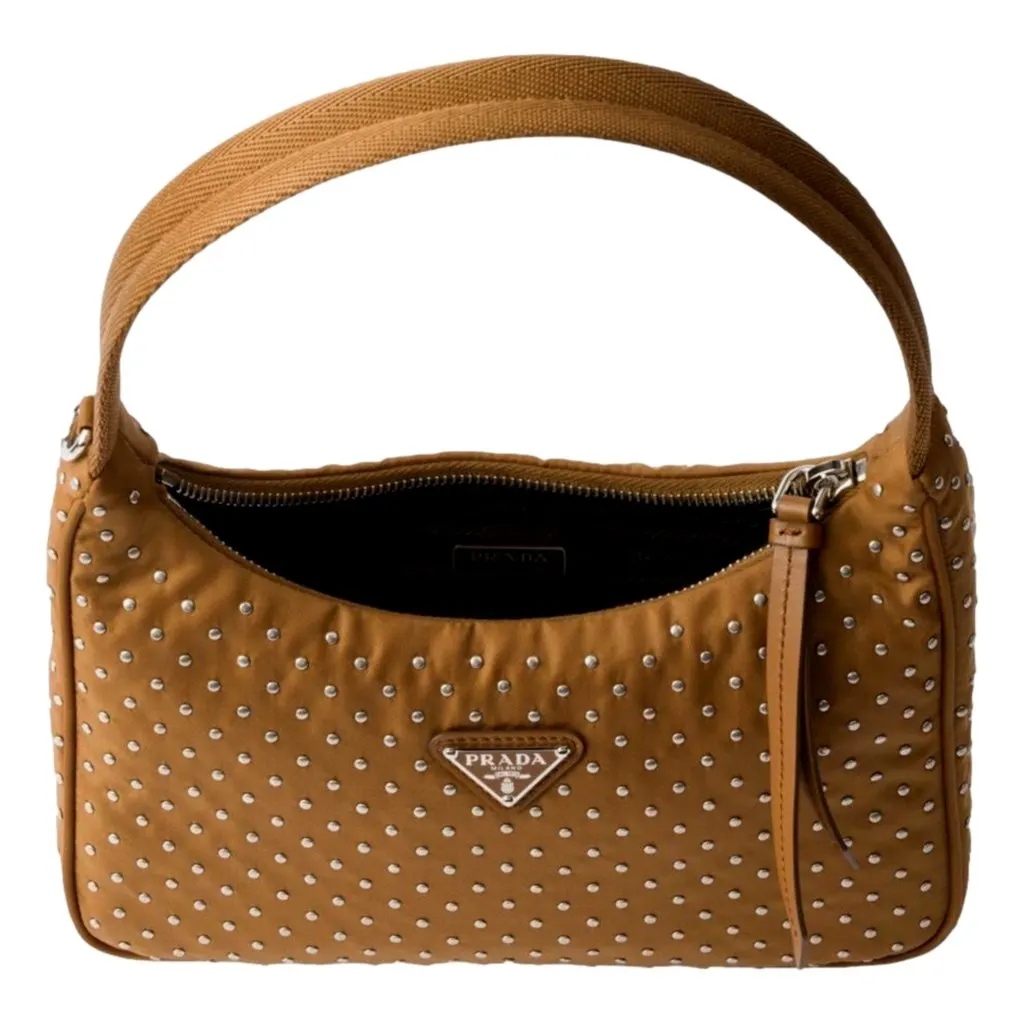 Prada Re-Edition Studded Nylon Mini Shoulder Bag in Brown with Silver Hardware Brown Leather Never worn - Back View
