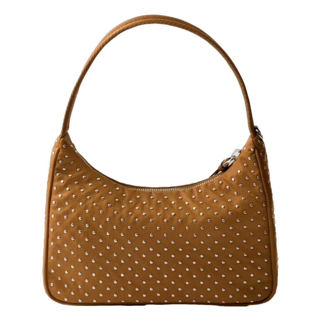 Prada Re-Edition Studded Nylon Mini Shoulder Bag in Brown with Silver Hardware Brown Leather Never worn - Inside View