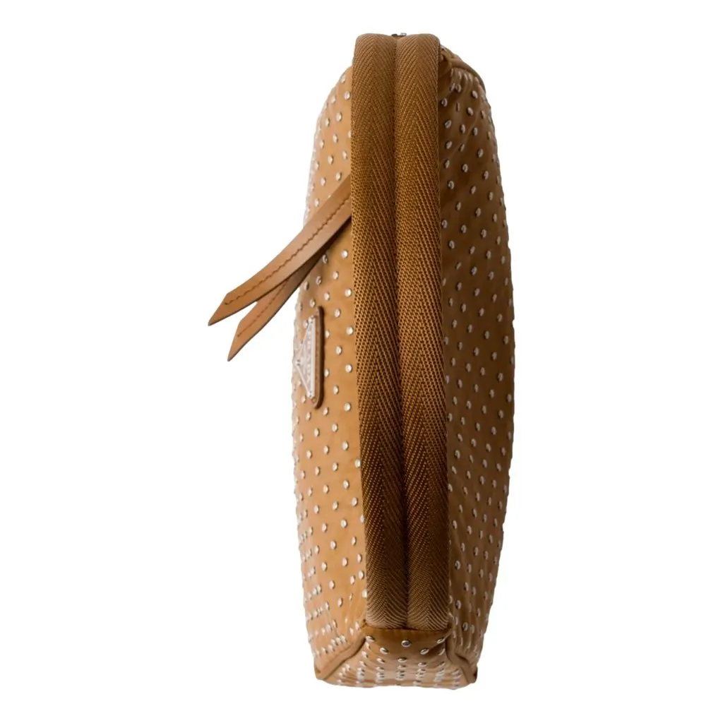 Prada Re-Edition Studded Nylon Mini Shoulder Bag in Brown with Silver Hardware Brown Leather Never worn - Model View