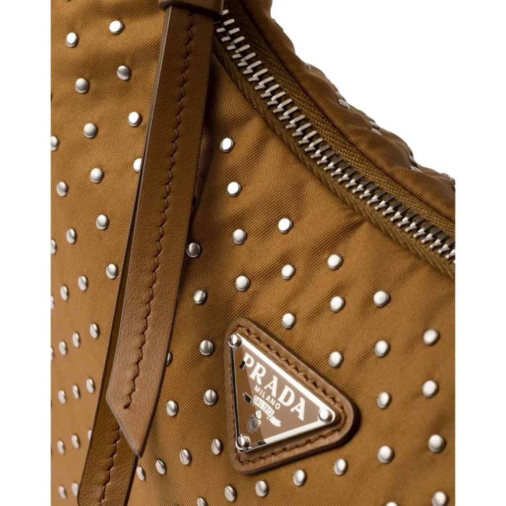 Prada Re-Edition Studded Nylon Mini Shoulder Bag in Brown with Silver Hardware Brown Leather Never worn - Box View