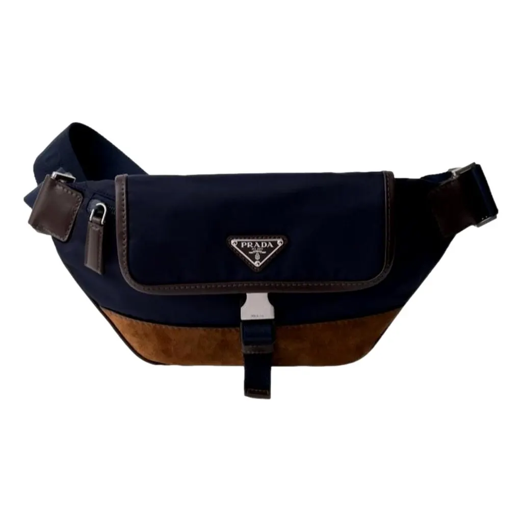 Prada Re-Nylon and Suede Belt Bag in Navy Blue with Brown Suede and Leather Trim