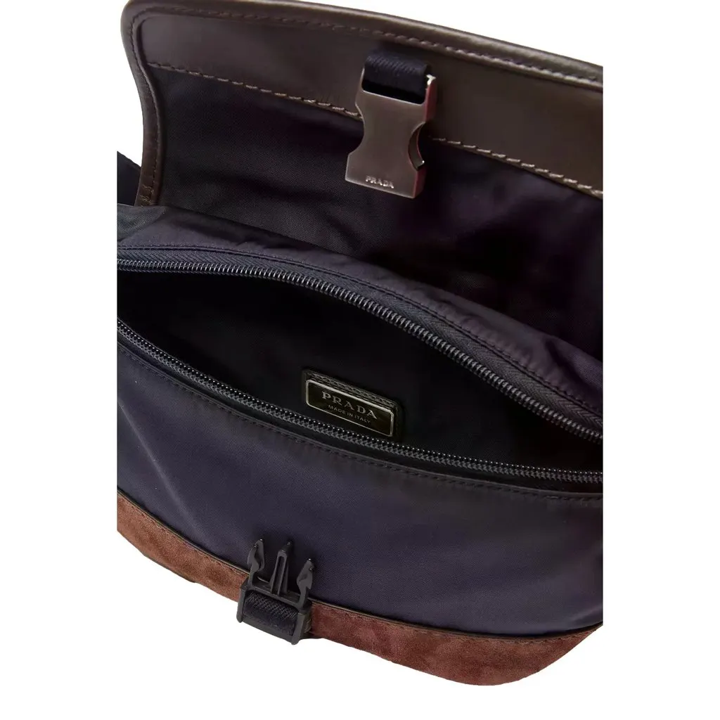 Prada Re-Nylon and Suede Belt Bag in Navy Blue with Brown Suede and Leather Trim Blue Never worn - Inside View