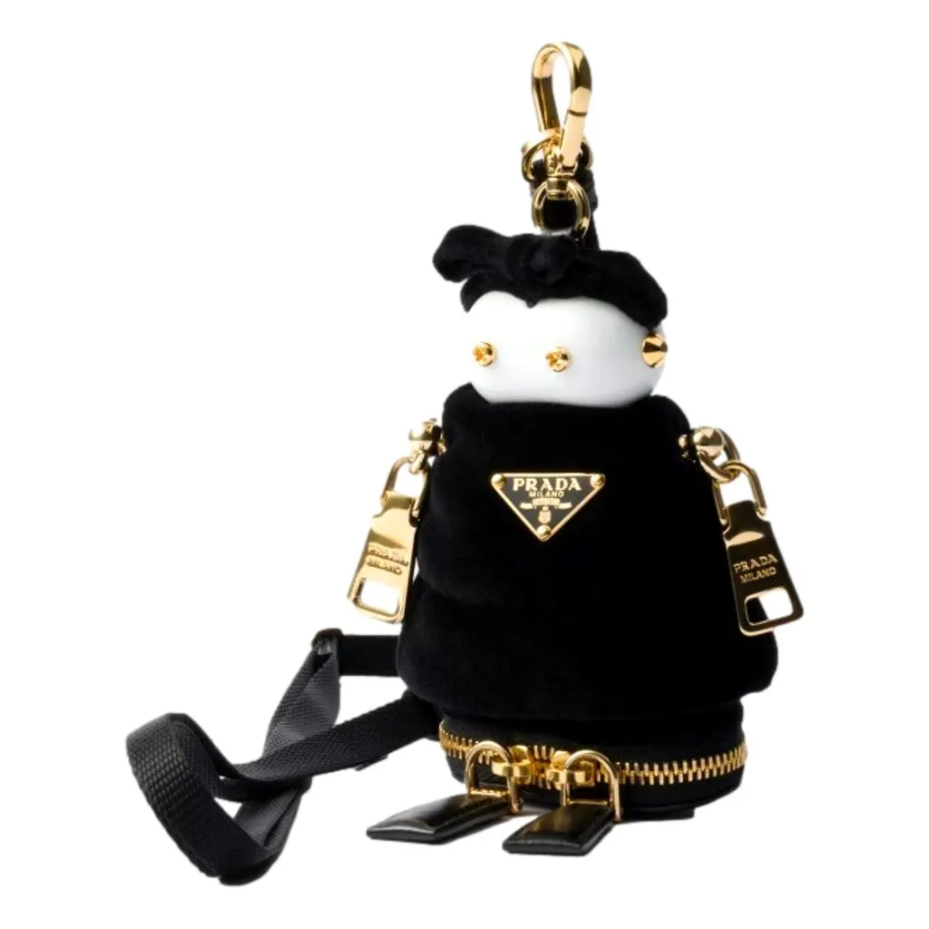 Prada Black Nylon Robot Keychain Bag Charm with Gold Tone Hardware and Strap Black Polyamide Never worn - Front View