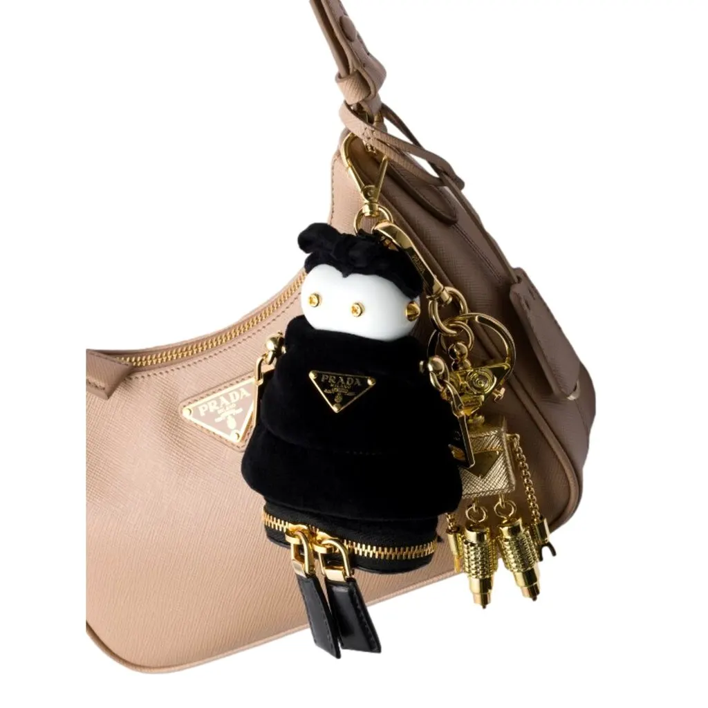 Prada Black Nylon Robot Keychain Bag Charm with Gold Tone Hardware and Strap Black Polyamide Never worn - Back View