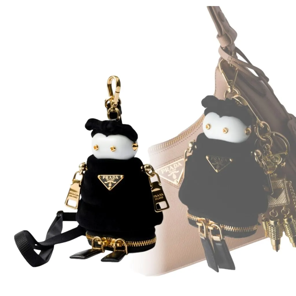 Prada Black Nylon Robot Keychain Bag Charm with Gold Tone Hardware and Strap Black Polyamide Never worn - Model View
