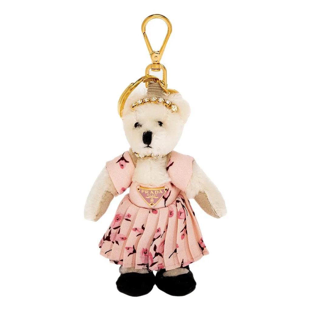 Prada Teddy Bear Crystal Cotton Mohair Bag Charm Keychain Pink Floral MultiColor Cotton Never worn - Front View