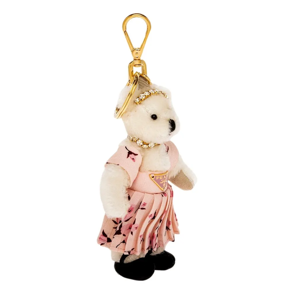 Prada Teddy Bear Crystal Cotton Mohair Bag Charm Keychain Pink Floral MultiColor Cotton Never worn - Inside View