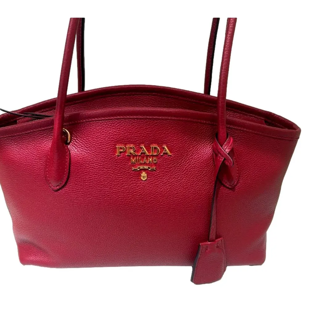 Prada Vitello Phenix Leather Rubino Red Top Handle Shoulder Bag Red Leather Never worn - Inside View
