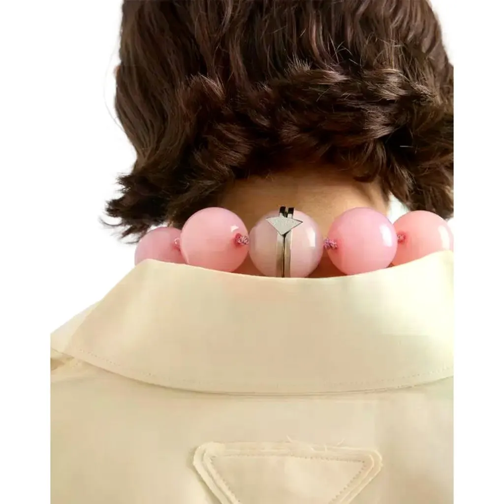 Prada Logo Bubble Necklace in Petal Pink Plexiglass with Steel Magnetic Clasp Large Pink Lace Never worn - Inside View